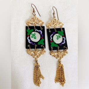 Elegant Gold Tone Filigree and Black and Mirror Dangle Earrings